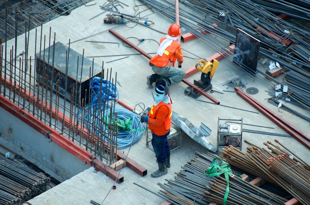 Workers tying reinforcement on a slab
